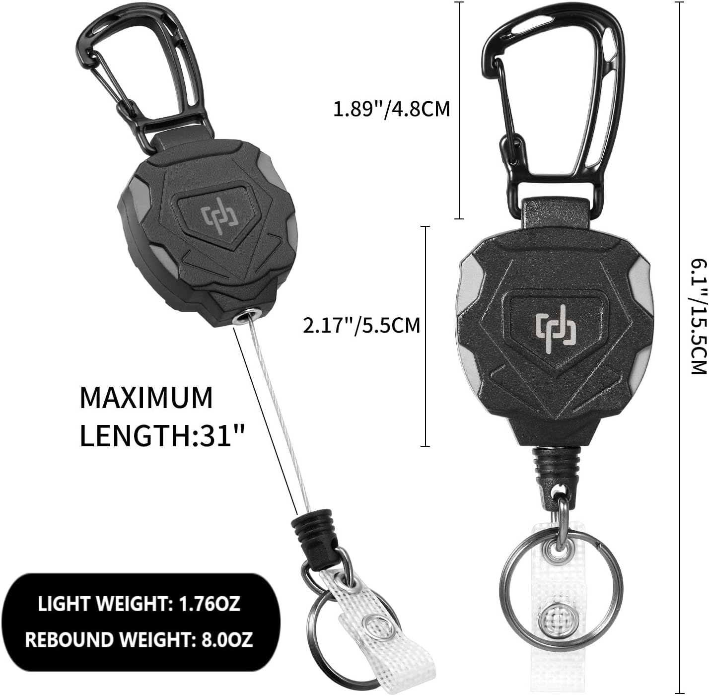 2 Pack Retractable Keychain Heavy Duty Carabiner Badge Holder, Tactical ID Badge Reel with 32” Steel Retractable Cord, 8.0 OZ - Image 3