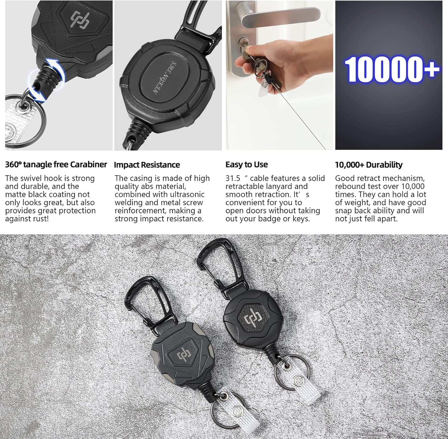 2 Pack Retractable Keychain Heavy Duty Carabiner Badge Holder, Tactical ID Badge Reel with 32” Steel Retractable Cord, 8.0 OZ - Image 8