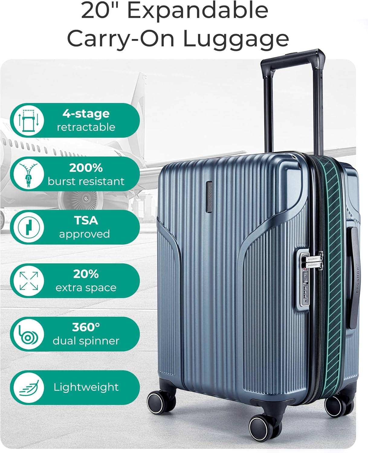 BAGSMART Expandable Carry On Luggage 22x14x9 Airline Approved, Carry On Suitcase with Spinner Wheels, Hardside Polycarbonate Rolling Travel Luggage with TSA Lock 20-Inch Carry-On, Blue - Image 3