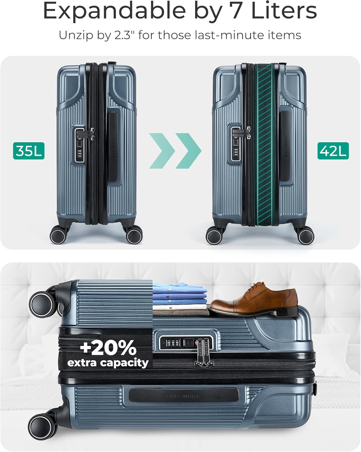 BAGSMART Expandable Carry On Luggage 22x14x9 Airline Approved, Carry On Suitcase with Spinner Wheels, Hardside Polycarbonate Rolling Travel Luggage with TSA Lock 20-Inch Carry-On, Blue - Image 4