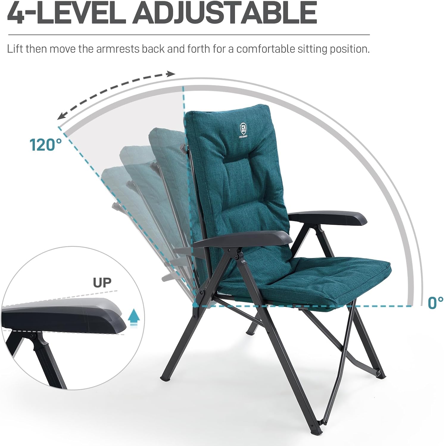 EVER ADVANCED Folding Camping Recliner Chair Fully Padded with Adjustable High Back Support Portable for Adults Patio Reclining Chair Green - Image 5