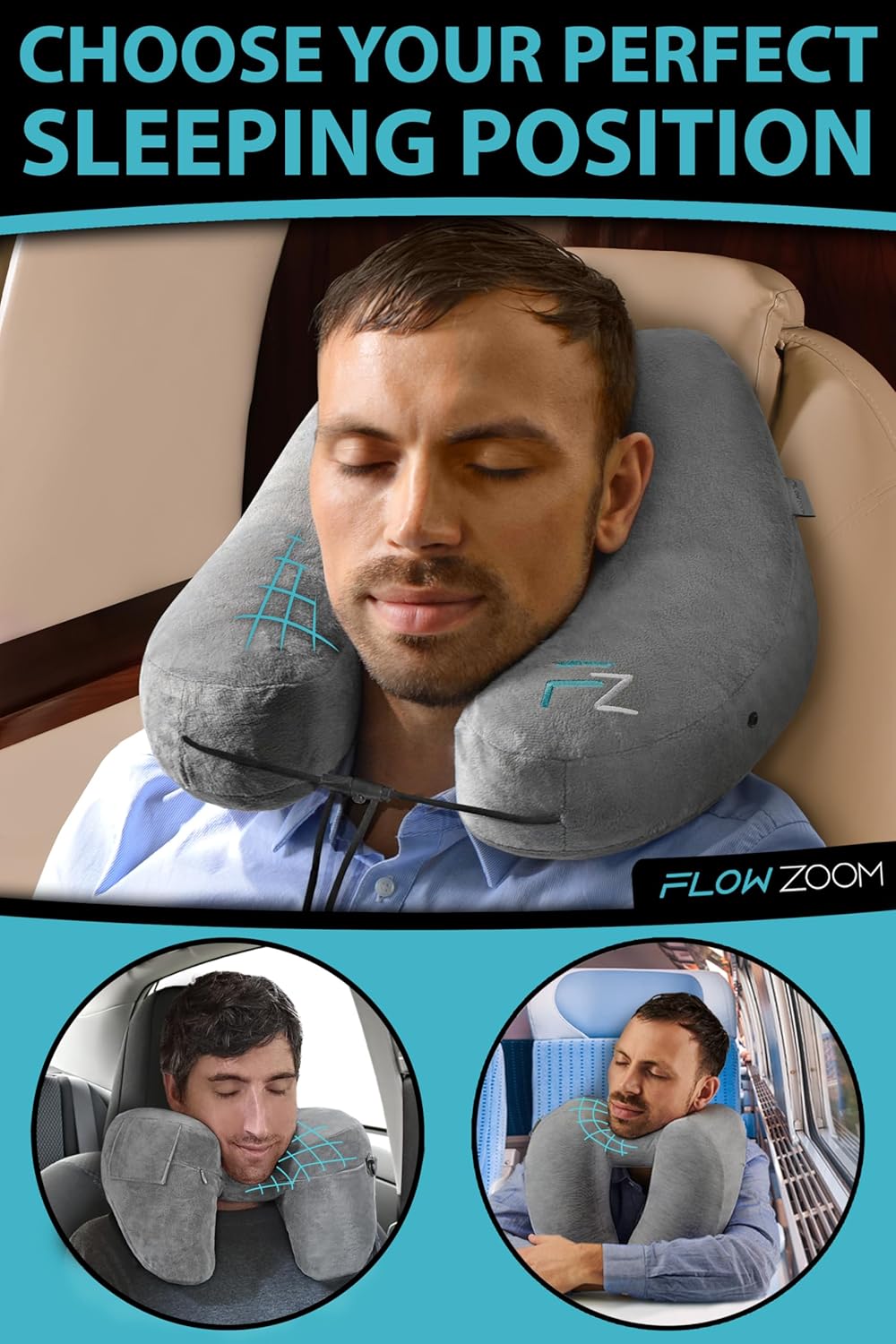 Inflatable Travel Pillows for Airplanes - Hooded Travel Neck Pillow Airplane - Adjustable Airplane Travel Pillow with Hood for Long Flight - Plane Pillow - Flight Pillow - Size L, Silver gray - Image 3